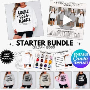 Könnte beinhalten: Ein weißes Crewneck-Sweatshirt mit dem Text "LUCKY LOLA MOCKS" in Schwarz, Teil eines Starter-Bundles. Das Bild enthält eine Video-Größentabelle, eine Farbkarte und Waschanweisungen. Das Bundle enthält auch Mockups.