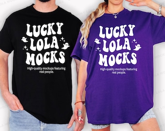 Gildan 5000 Halloween Paare Mockup, Gildan 5000 Lila Mockup, Gildan 5000 Schwarz Mockup, Model Mockup, Gildan 5000 Matching Mockup
