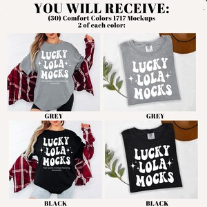 Pu&ograve; includere: Immagine mockup con quattro magliette grigie e nere, ognuna con la scritta "LUCKY LOLA MOCKS" in un font retr&ograve;. L'immagine include anche il testo "YOU WILL RECEIVE: (30) Comfort Colors 1717 Mockups 2 of each color:"