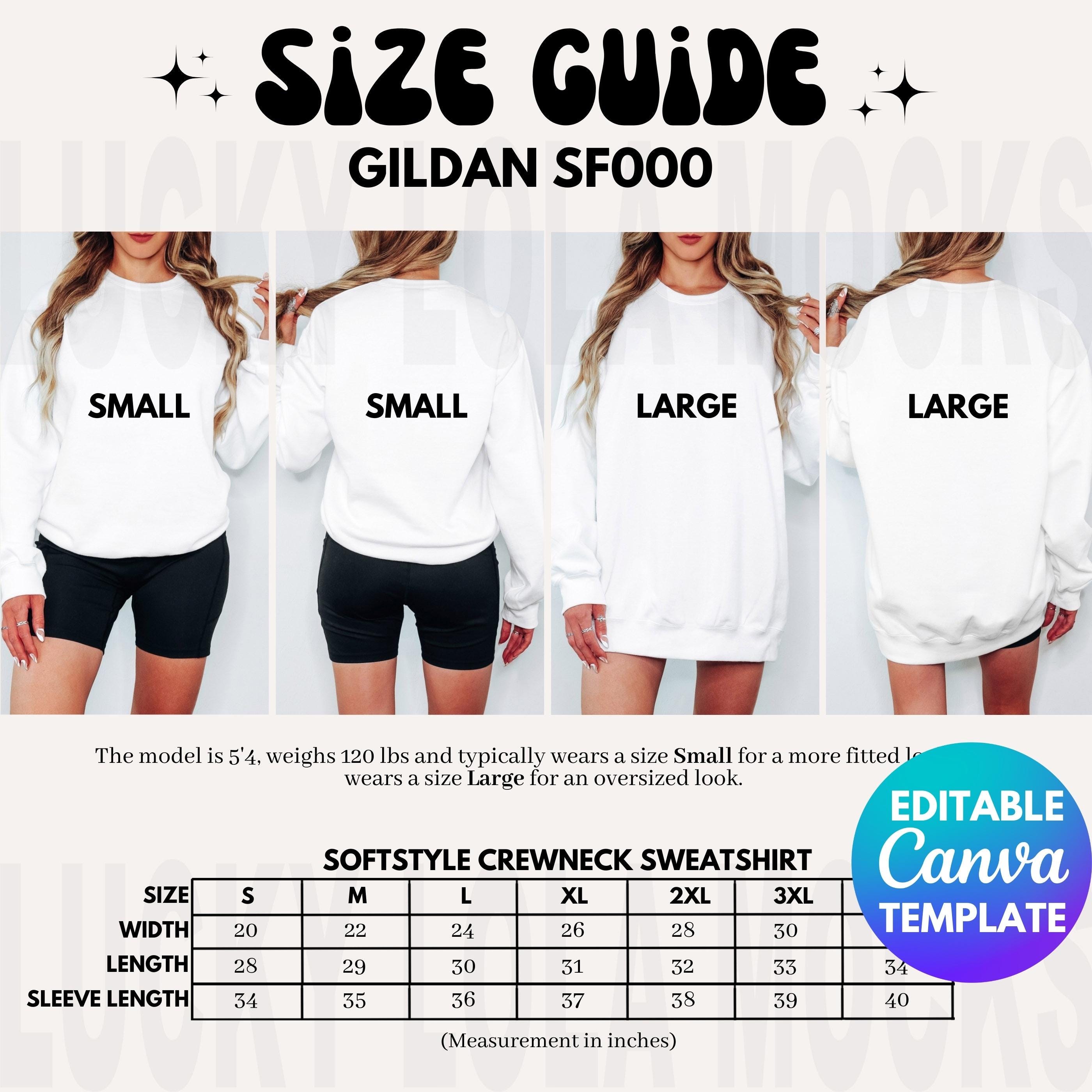 Editable Gildan sf000 Size Chart, Gildan Sweatshirt Size Chart, Softstyle Sweater Gildan Mock Up, Size Chart Gildan sf000, sf000 Size Chart