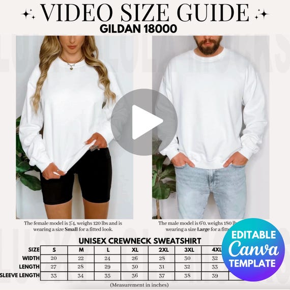 Editable Gildan 18000 Video Size Chart, Gildan Sweatshirt Size Chart, 18000 Video Mockup Size Chart, Sweatshirt Video Mockup, Gildan G180
