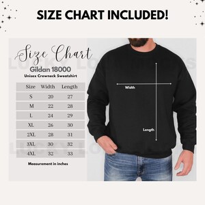 May include: Size chart for a Gildan 18000 unisex crewneck sweatshirt. The chart shows the width and length measurements in inches for sizes S through 4XL.