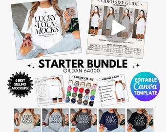 Può includere: Immagine promozionale per un pacchetto di mockup per principianti. L'immagine include una donna che indossa una maglietta bianca con la scritta "LUCKY LOLA MOCKS". Altri elementi includono una guida alle taglie video, una tabella colori e istruzioni per il lavaggio. È visibile anche il testo "STARTER BUNDLE".