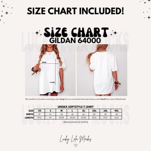 May include: Size chart for unisex Gildan 64000 softstyle t-shirts. The chart shows measurements in inches for width and length for sizes XS to 4XL.