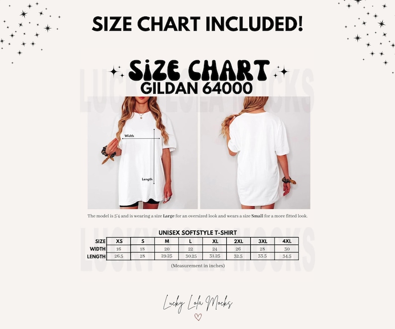 May include: Size chart for unisex Gildan 64000 softstyle t-shirts. The chart shows measurements in inches for width and length for sizes XS to 4XL.