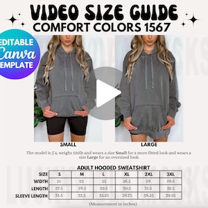Editable Comfort Colors 1567 Video Size Chart, Comfort Colors 1567 Size Chart, Size Chart Mockup, 1567 Hoodie Mockup, Comfort Colors Hoodie