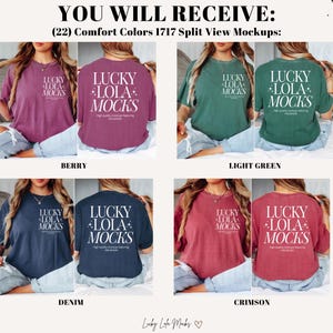 May include: Four different color t-shirts with the text "LUCKY LOLA MOCKS" printed on the front and back. The colors are berry, light green, denim, and crimson.