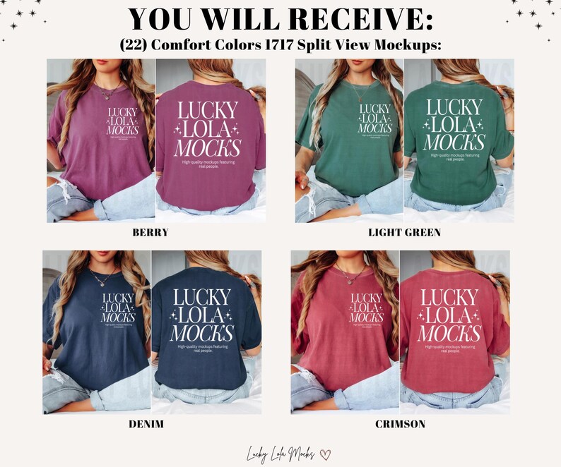 May include: Four different color t-shirts with the text "LUCKY LOLA MOCKS" printed on the front and back. The colors are berry, light green, denim, and crimson.