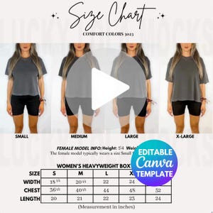 Op de afbeelding: Maattabel voor een zwaar dames-box-T-shirt, met afmetingen in inches. De tabel bevat maten S, M, L en XL, met bijbehorende breedte-, borst- en lengtematen. Het model is 162.56 cm lang en draagt maat S.