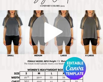 Redigerbara Comfort Colors 3023 Videomockup, 3023CL Boxy T-shirt Videostorleksguide