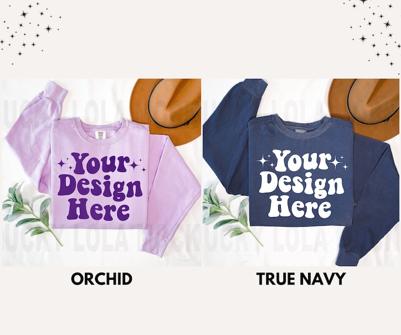 May include: Two sweatshirts, one orchid purple and one true navy, with the text "Your Design Here" in a retro font.