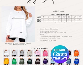 Editable Gildan 18000 Size and Color Chart, Gildan 18000 Color Chart Editable, Gildan Sweatshirt Color Chart, Size and Color Charts Mockup