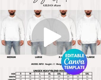 Editable Gildan 18500 Video Mockup Male, Gildan Video Size Chart, Mens 18500 Mockup, Male 18500 Video, g185 Mockup, 18500 Video Size Chart