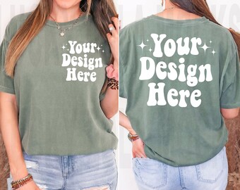 Comfort Colors Moss Mockup (Vorder- und Rückseite), Rückseiten-Mockup, Vorder- und Rückseiten-Mockup, C1717 Moss T-Shirt-Mockup, Oversized-Mockup, Model-Mockup