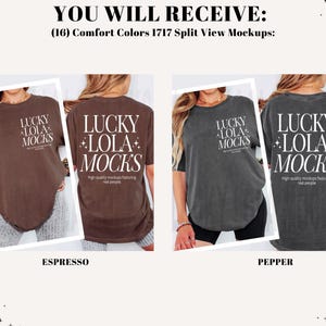May include: Two Comfort Colors 1717 split view mockups are displayed, one in espresso and the other in pepper. Each mockup features a t-shirt with the text "LUCKY LOLA MOCKS" on the front and back, highlighting the design.