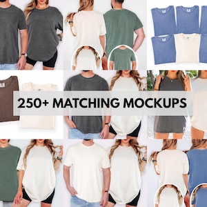 May include: A collection of short-sleeve crewneck t-shirts in various solid colors including charcoal, olive green, cream, and blue. The shirts feature a vintage-style washed finish. The image includes the text 250+ MATCHING MOCKUPS.