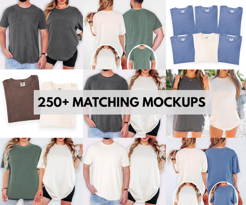 May include: A collection of short-sleeve crewneck t-shirts in various solid colors including charcoal, olive green, cream, and blue. The shirts feature a vintage-style washed finish. The image includes the text 250+ MATCHING MOCKUPS.