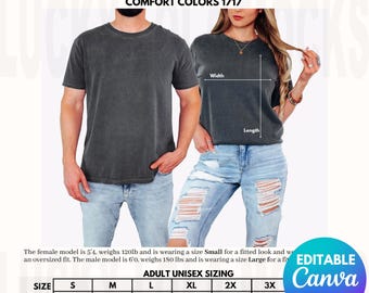 May include: Size chart for unisex t-shirts with measurements in inches. The chart shows the width and length of the shirts in sizes S, M, L, XL, 2X, and 3X. The chart is labeled "Comfort Colors 1717" and "Adult Unisex Sizing".