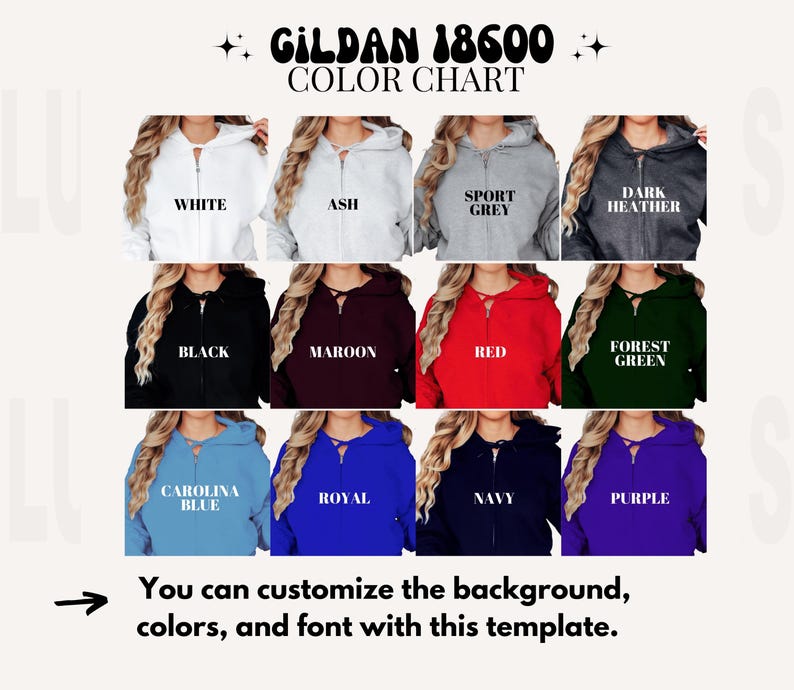 Editable Gildan 18600 Color Chart, 18600 Mockup, Gildan Zip Hoodie ...