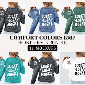 Puede incluir: Una colección de sudaderas con capucha en varios colores, incluyendo gris, azul, verde y blanco. Cada sudadera muestra el texto "LUCKY LOLA MOCKS" en la espalda. La imagen también incluye el texto "COMFORT COLORS 1567 FRONT + BACK BUNDLE 11 MOCKUPS".