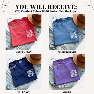 May include: A mockup image featuring four Comfort Colors 6030 pocket tee shirts in various colors: watermelon, washed denim, true navy, and violet. Each shirt has a pocket with the text "LUCKY LOLA MOCKS". The image includes a hat and necklace.