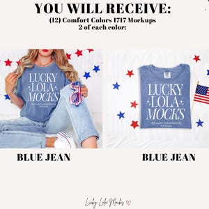 May include: Two mockups of a blue jean t-shirt with the text "Lucky Lola Mocks" in white. The t-shirt is on a white background with red and blue stars.