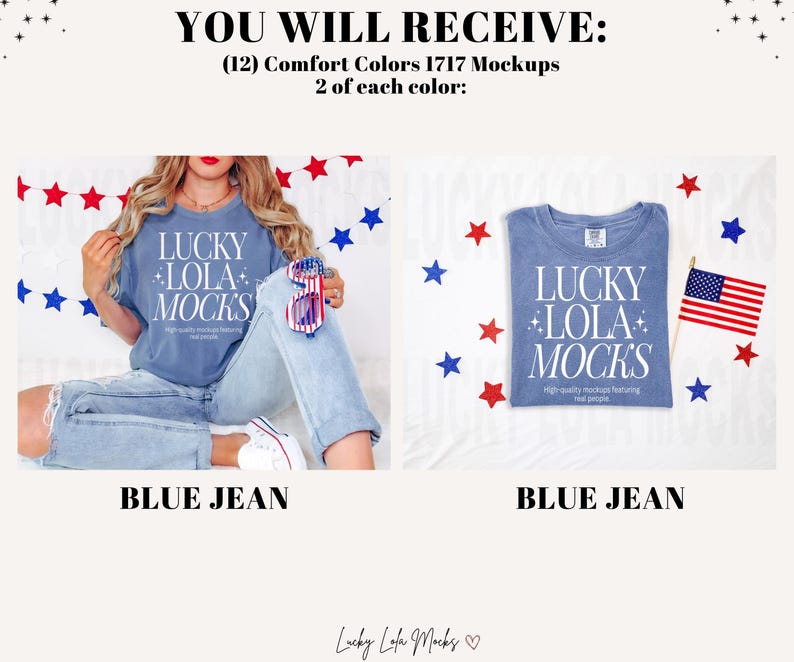 May include: Two mockups of a blue jean t-shirt with the text "Lucky Lola Mocks" in white. The t-shirt is on a white background with red and blue stars.