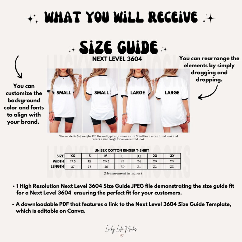 Editable Next Level 3604 Ringer Tee Size Chart, Next Level 3604 Mockup ...