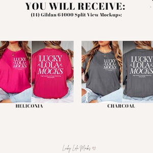 May include: Two split view mockups of a Gildan 64000 t-shirt. The shirt is shown in two colors: Heliconia (pink) and Charcoal (gray). The front of the shirt features the text "LUCKY LOLA MOCKS" in white. The back of the shirt features the same text in white.