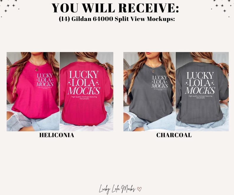 May include: Two split view mockups of a Gildan 64000 t-shirt. The shirt is shown in two colors: Heliconia (pink) and Charcoal (gray). The front of the shirt features the text "LUCKY LOLA MOCKS" in white. The back of the shirt features the same text in white.