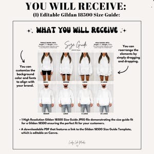 May include: An editable Gildan 18500 size guide with the text "YOU WILL RECEIVE" and "WHAT YOU WILL RECEIVE". The guide shows models wearing hoodies in sizes small to 2X-large. The guide is customizable to align with your brand.