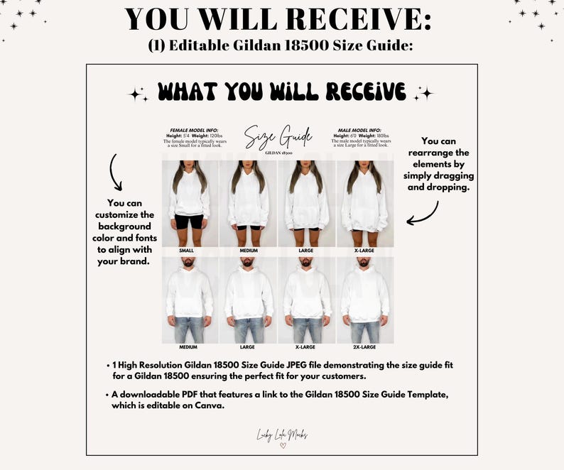 May include: An editable Gildan 18500 size guide with the text "YOU WILL RECEIVE" and "WHAT YOU WILL RECEIVE". The guide shows models wearing hoodies in sizes small to 2X-large. The guide is customizable to align with your brand.