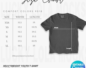 Editable 9018 Comfort Colors Size Chart, 9018 Size Chart Editable, 9018 Size Chart Mockup, Comfort Colors Mockup, 9018 Youth Size Chart