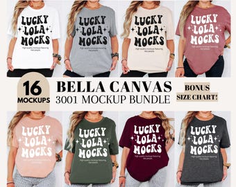 May include: A set of 16 Bella Canvas 3001 mockup t-shirts in various colors, featuring a graphic design that says "Lucky Lola Mocks".
