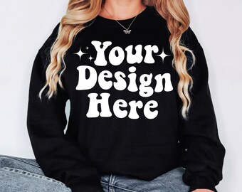 Gildan 18000 Mockup, 18000 Black Mockup, Gildan Black Sweatshirt Mockup, Oversized Sweatshirt Mockup, Model Mockup Black Gildan 18000 Mockup