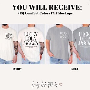 May include: Mockup of a t-shirt in ivory and grey colors featuring the text "Lucky Lola Mocks" in black and white. The t-shirt is a comfortable fit and is perfect for everyday wear.