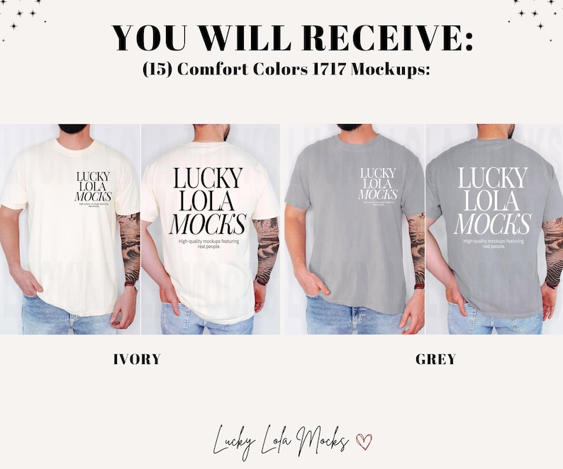 May include: Mockup of a t-shirt in ivory and grey colors featuring the text "Lucky Lola Mocks" in black and white. The t-shirt is a comfortable fit and is perfect for everyday wear.