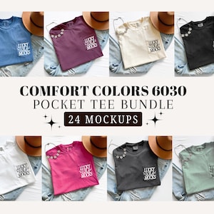 May include: A collection of Comfort Colors 6030 pocket tees in various colors, including blue, burgundy, cream, and black. Each tee features a pocket with the text "LUCKY LOLA MOCKS" and is adorned with floral embellishments. The image also includes a brown hat and jeans.
