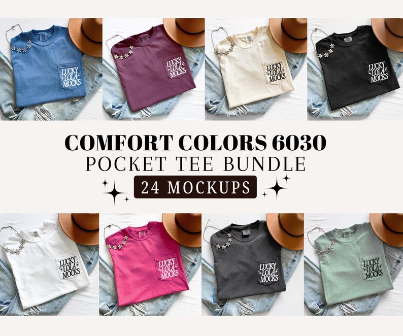 May include: A collection of Comfort Colors 6030 pocket tees in various colors, including blue, burgundy, cream, and black. Each tee features a pocket with the text "LUCKY LOLA MOCKS" and is adorned with floral embellishments. The image also includes a brown hat and jeans.