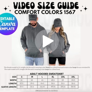 Editable Comfort Colors 1567 Video Size Chart, Comfort Colors 1567 Size Chart, Size Chart Mockup, 1567 Hoodie Mockup, Comfort Colors Hoodie