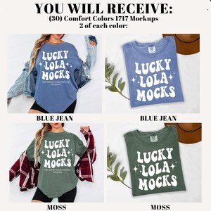 Pu&ograve; includere: L'immagine presenta quattro magliette in diversi colori: blu jeans e muschio. Ogni maglietta mostra il testo "LUCKY LOLA MOCKS" in bianco, con un font retr&ograve;. L'immagine include anche il testo "YOU WILL RECEIVE: (30) Comfort Colors 1717 Mockups 2 of each color:"