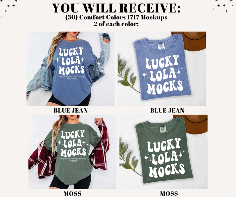 Pu&ograve; includere: L'immagine presenta quattro magliette in diversi colori: blu jeans e muschio. Ogni maglietta mostra il testo "LUCKY LOLA MOCKS" in bianco, con un font retr&ograve;. L'immagine include anche il testo "YOU WILL RECEIVE: (30) Comfort Colors 1717 Mockups 2 of each color:"