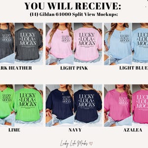 May include: A mockup of 14 different color Gildan 64000 t-shirts with the text "LUCKY LOLA MOCKS" printed on the back. The colors include dark heather, light pink, light blue, lime, navy, and azalea.