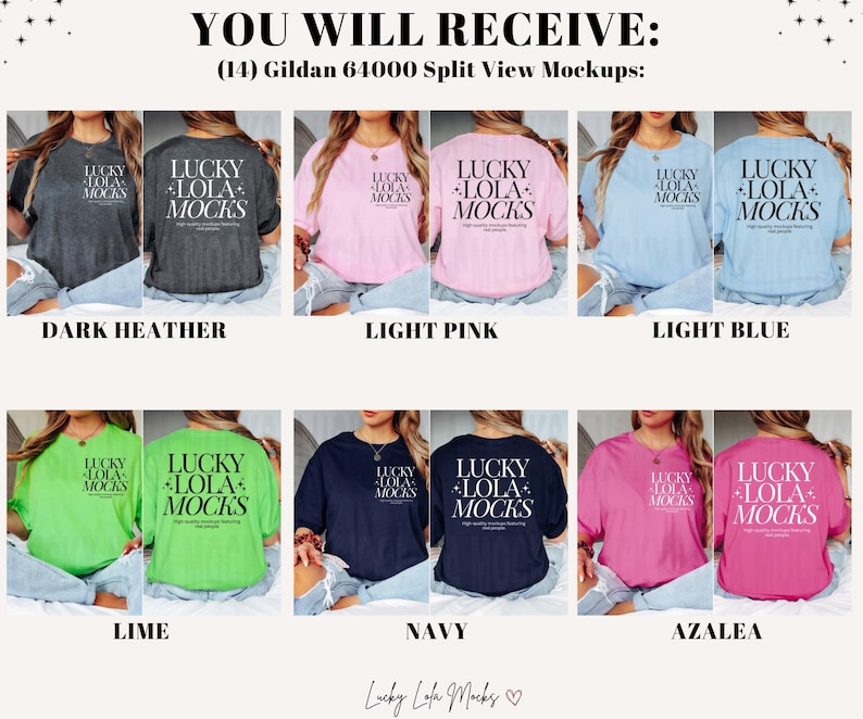 May include: A mockup of 14 different color Gildan 64000 t-shirts with the text "LUCKY LOLA MOCKS" printed on the back. The colors include dark heather, light pink, light blue, lime, navy, and azalea.