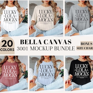 Puede incluir: Un paquete de maquetas de 20 camisetas Bella Canvas 3001 en varios colores. Las camisetas tienen un corte holgado y cuello redondo. El texto "LUCKY LOLA MOCKS" está impreso en la parte delantera de cada camiseta.