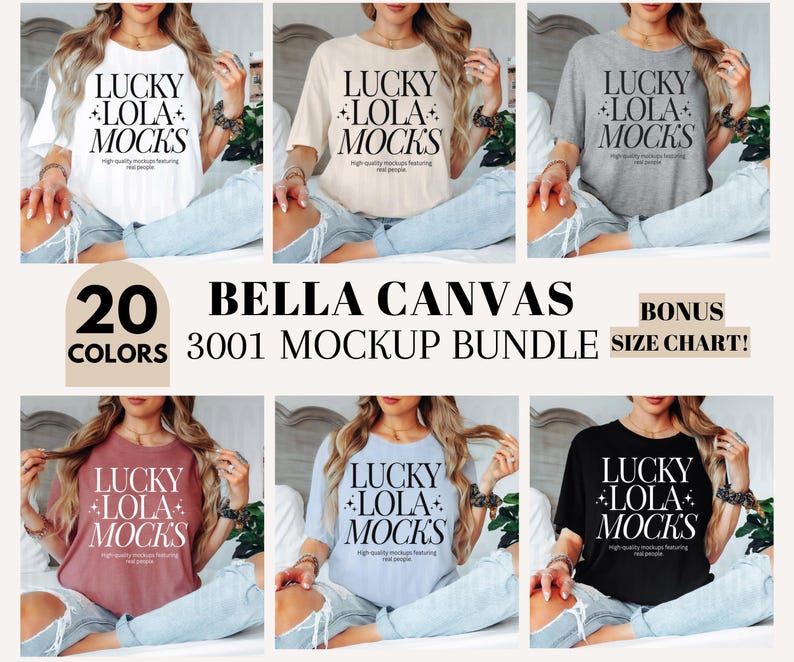 May include: A mockup bundle of 20 Bella Canvas 3001 t-shirts in various colors. The t-shirts feature a relaxed fit and a crew neck. The text "LUCKY LOLA MOCKS" is printed on the front of each shirt.