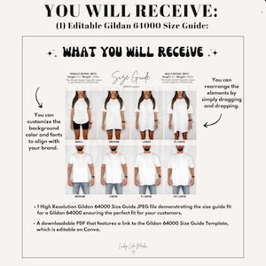 May include: A size guide for Gildan 64000 t-shirts, featuring images of models wearing different sizes. The guide includes text that says "What You Will Receive" and "Size Guide". The guide is editable and customizable.