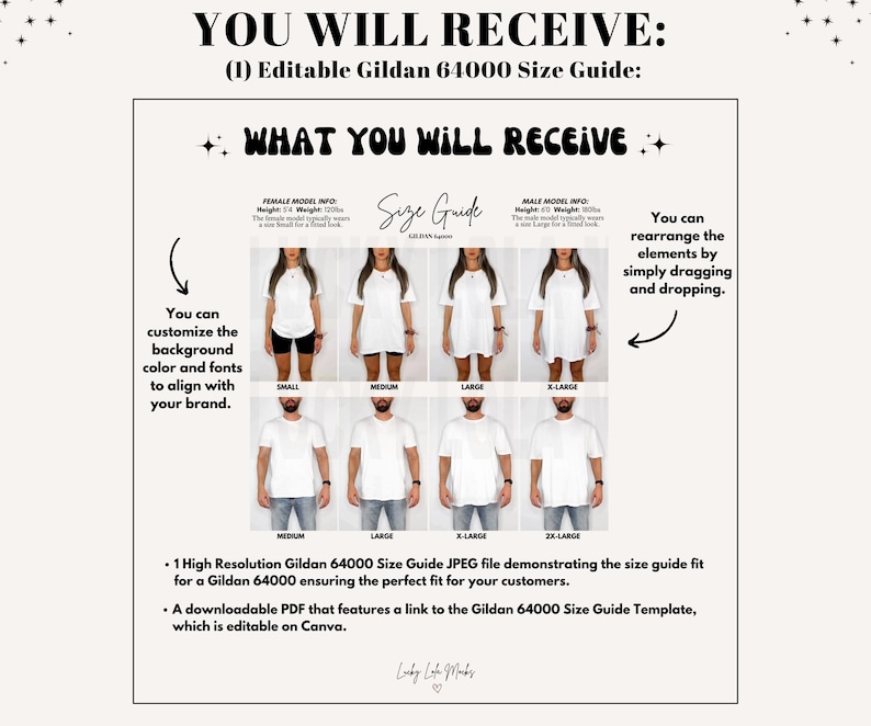 May include: A size guide for Gildan 64000 t-shirts, featuring images of models wearing different sizes. The guide includes text that says "What You Will Receive" and "Size Guide". The guide is editable and customizable.