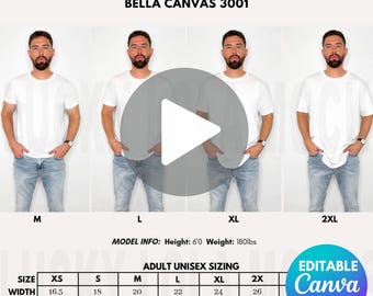 Edytowalna tabela rozmiarów Bella Canvas 3001, makieta wideo, makieta przewodnika po rozmiarach, makieta tabeli rozmiarów, makieta mężczyzny 3001, makieta wideo Bella Canvas
