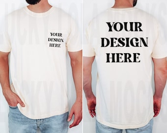Mockup tascabile Comfort Colors 6030 Ivory, Mockup Comfort Colors 6030, Mockup anteriore e posteriore, Mockup camicia tascabile, Mockup 6030 Ivory